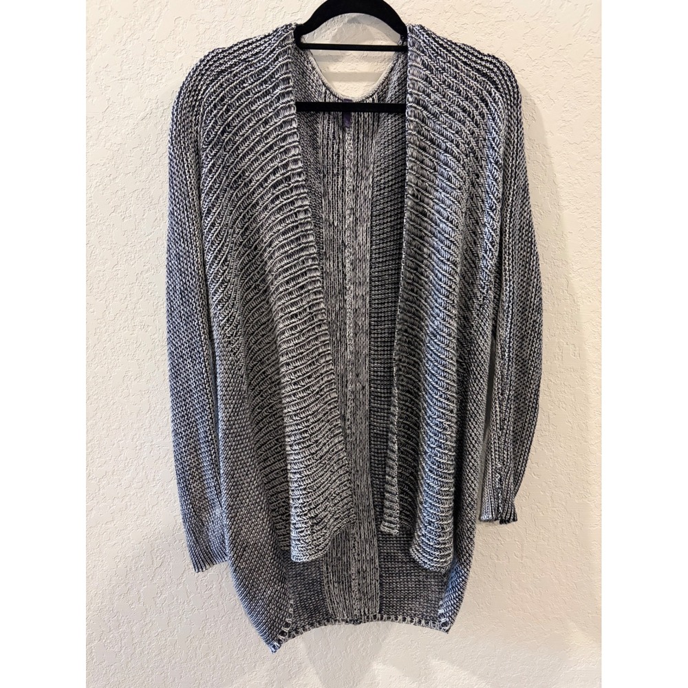 NYDJ Black White Marled Open Front Cardigan Sweater Mixed Stitch Longline S